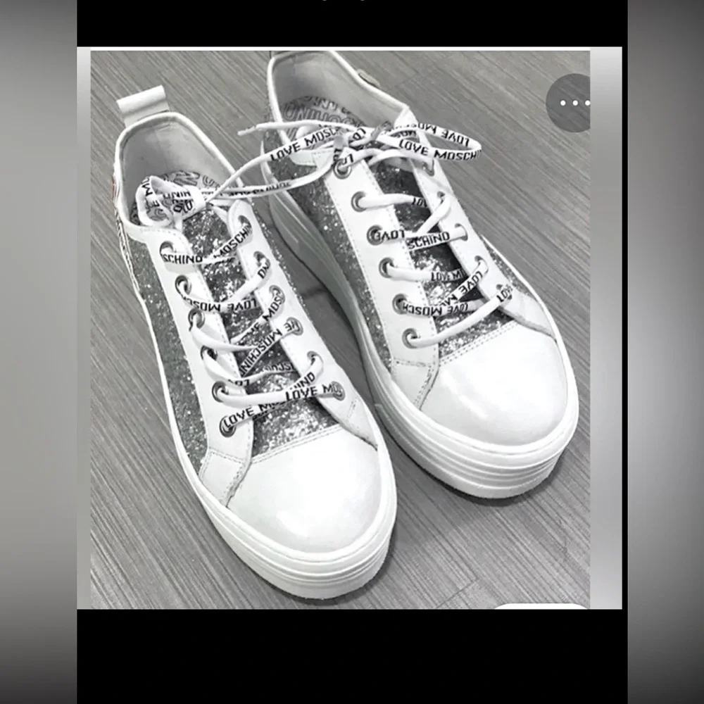 Love Moschino Leather platform sneakers Silver Glitter on White  EU 38 = US 7.5